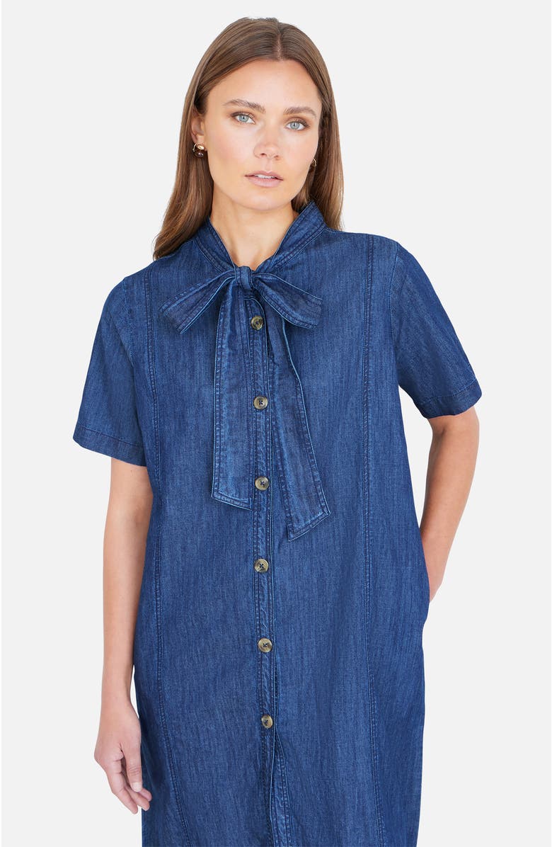 Yumi Chambray Tunic With Pussy Bow Tie, Alternate, color, Blue