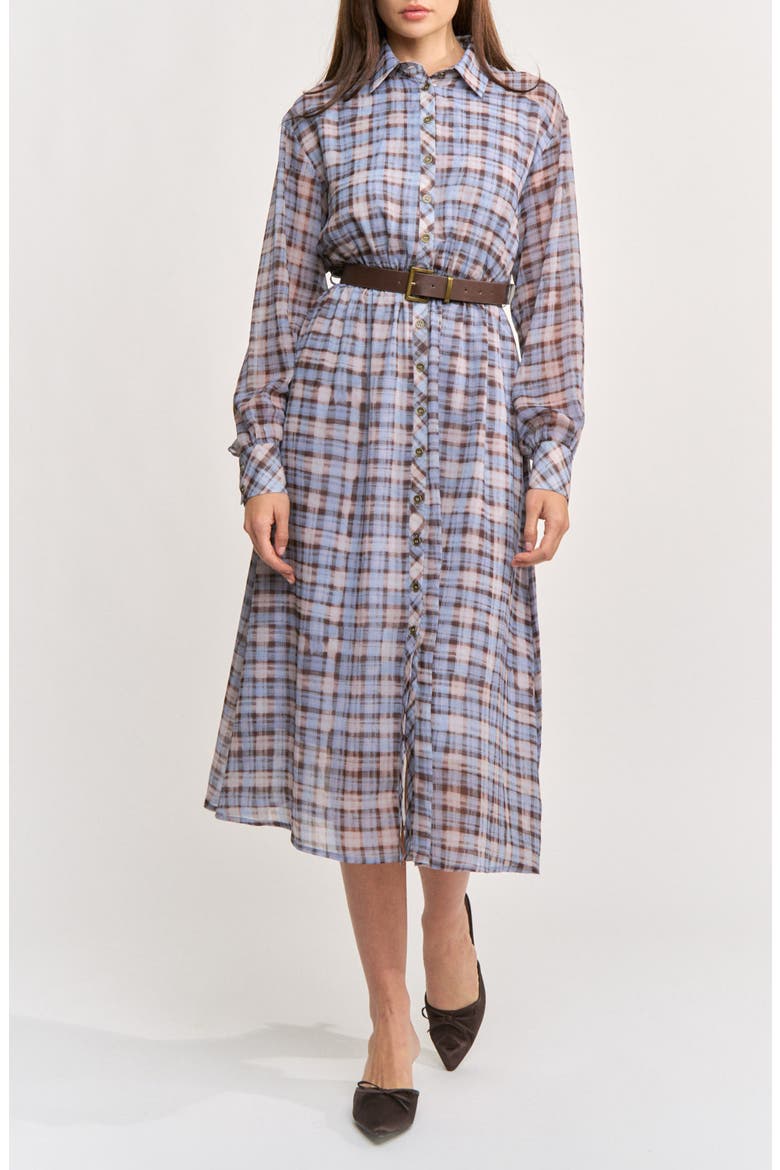 Briar Plaid Ruffle Long Sleeve Shirtdress, Main, color, DUSTY BLUE BROWN