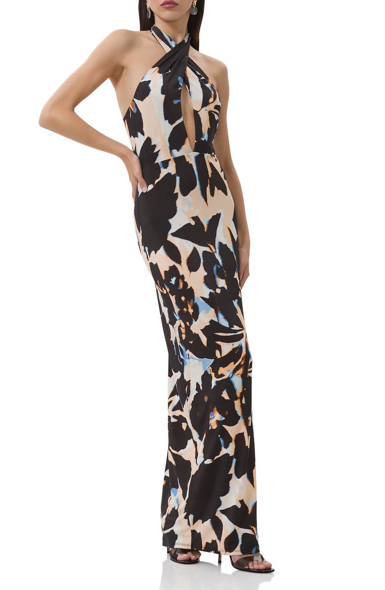 AFRM Genie Printed Cutout Halter Jersey Maxi Dress, Main, color, Shadow Floral