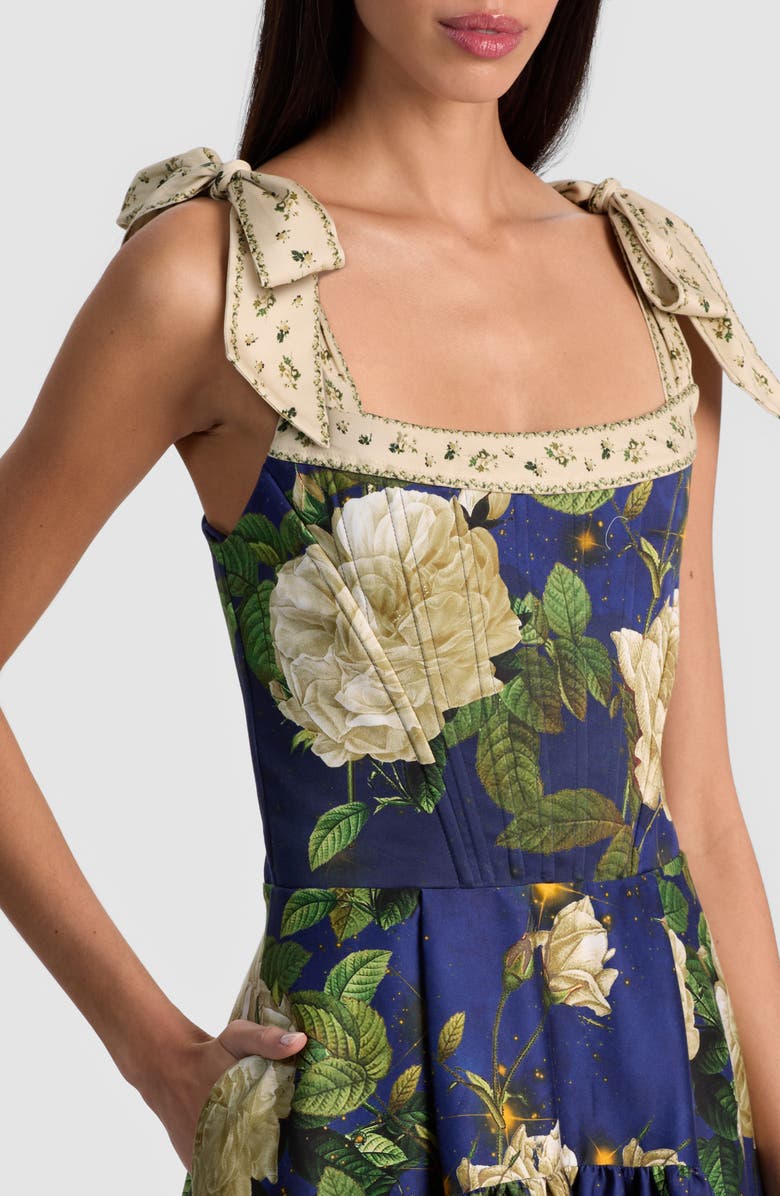 Alice + Olivia Rosalee Tie Strap Corset Stretch Cotton High-Low Dress, Alternate, color, Twilight Eden