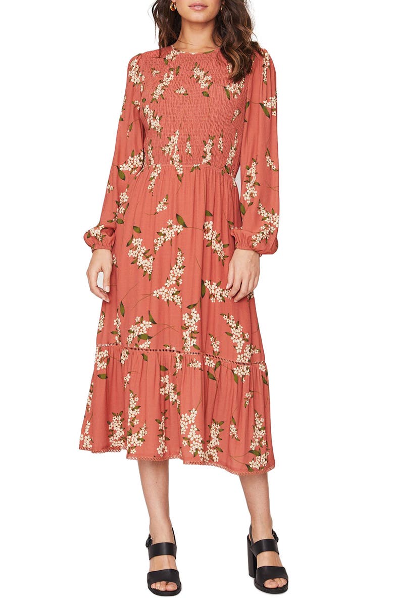 Lost + Wander Champagne At the Palace Floral Smocked Long Sleeve Midi Dress, Main, color, 
