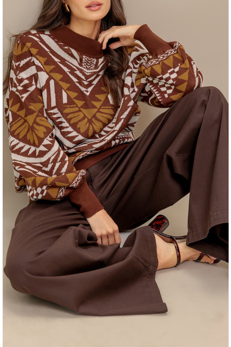 Geometric Balloon Sleeve Sweater, Alternate, color, BROWN