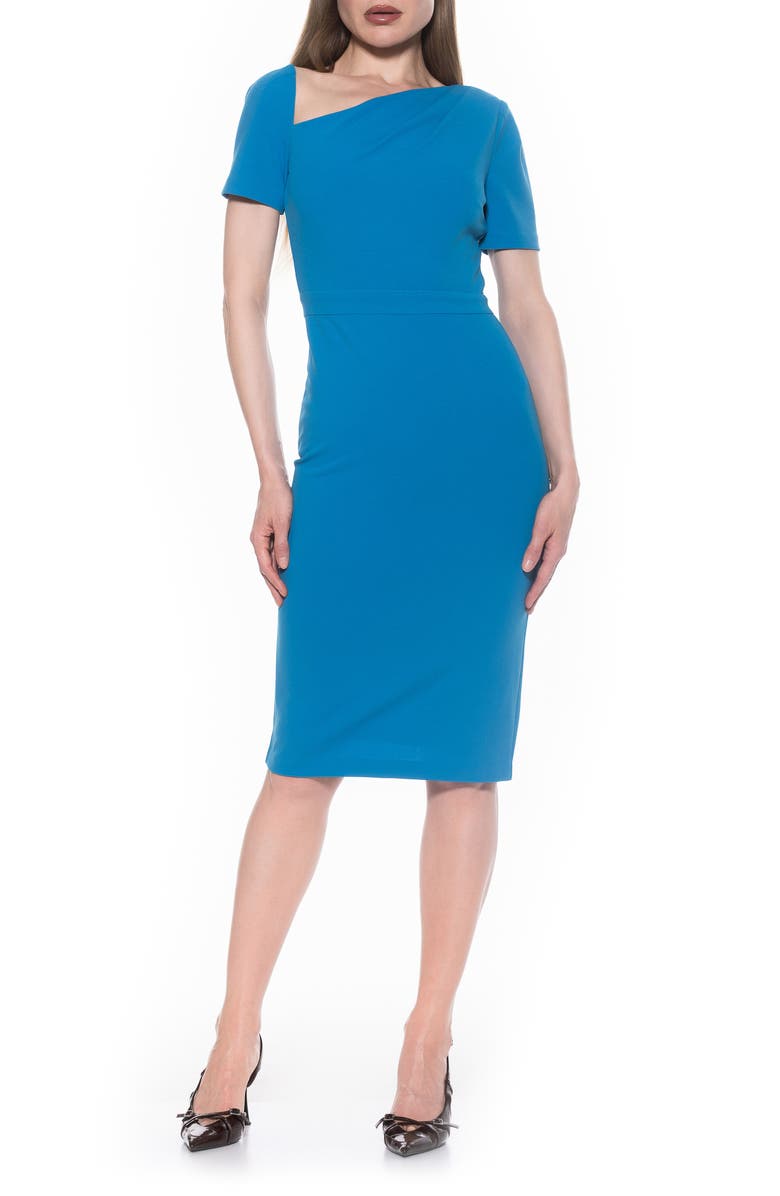 Alexia Admor Skylar Asymmetric Neck Short Sleeve Midi Dress, Main, color, Denim Blue