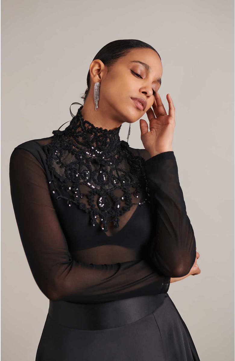 Anne Fontaine Embroidered Sequin Lace Collar, Alternate, color, Black