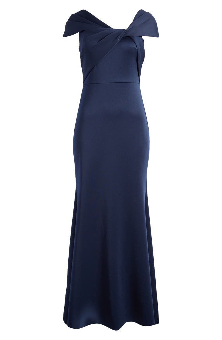 Eliza J Wrap Neckline Scuba Crepe Gown, Alternate, color, Navy