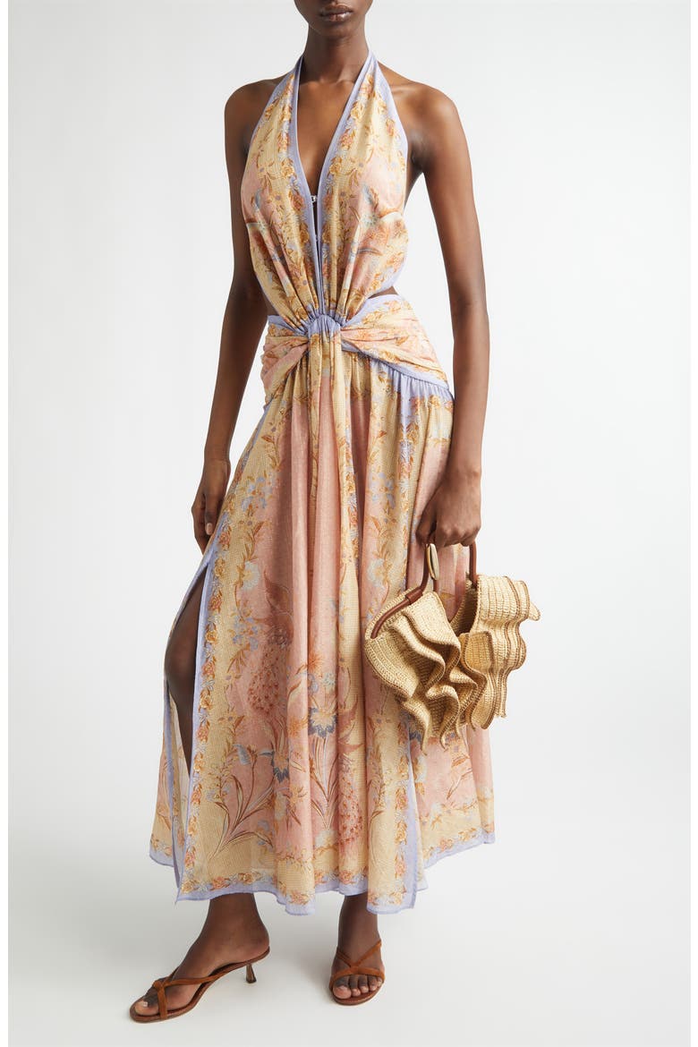 metallic floral halter dress Betsy & Adam Plus Size Floral Foil Print Halter-Neck Gown - Navy/Gold
