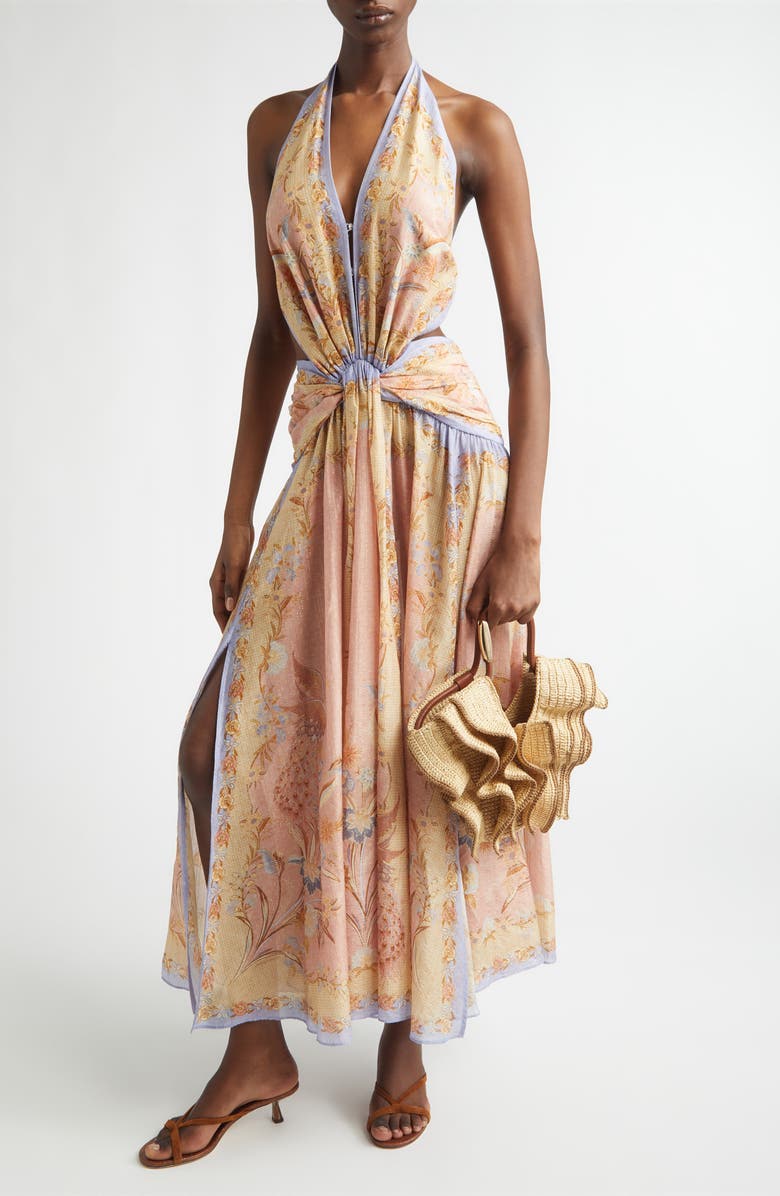 Zimmermann Indra Metallic Stripe Print Silk & Cotton Halter Maxi Dress, Main, color, Pink Scarf Floral