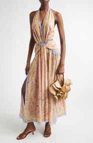 Zimmermann Indra Metallic Stripe Print Silk & Cotton Halter Maxi Dress