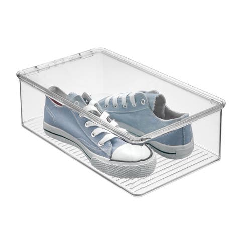 Stackable Plastic Shoe Box with Hinged-Lid for Sneakers, Sandals, and Flats, Clear