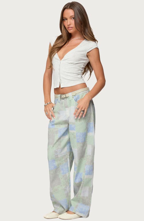 Edikted Patchwork Print Low Rise Wide Leg Jeans In Multi