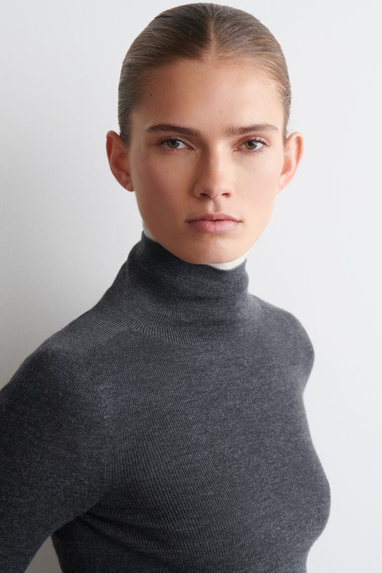 Seamless Merino Wool Turtleneck Long-Sleeved Top, Alternate, color, CHARCOAL MÉLANGE