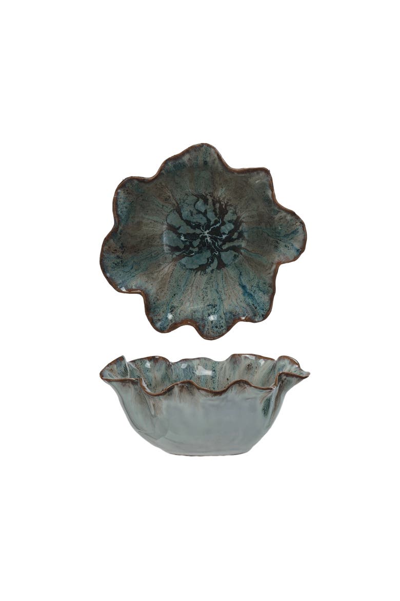 Round Bowl with Speckled Design and Scalloped Edge, Blue and White, Main, color, Blue