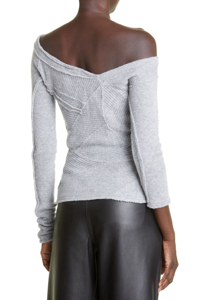 Patched Off the Shoulder Virgin Wool Sweater, Alternate, color, HEATHER GREY