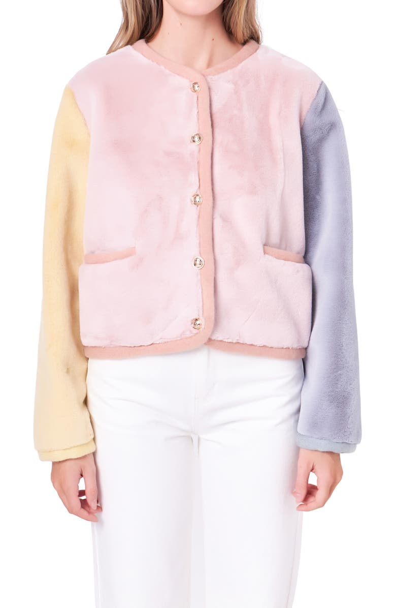 English Factory Colorblock Faux Fur Jacket, Main, color, Pink Multi