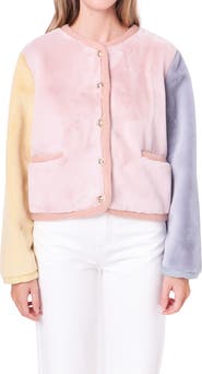 English Factory Colorblock Faux Fur Jacket