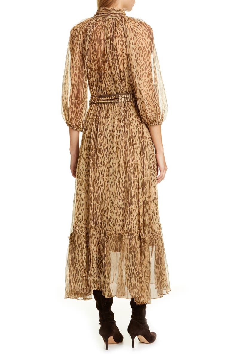 Zimmermann Espionage Leopard Print Tie Neck Silk Midi Dress, Alternate, color, 