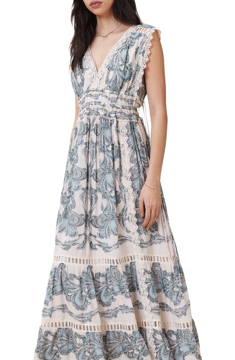 AllSaints Xanthe Print Lace Tiered Maxi Dress, Alternate, color, Lita Soft Blue
