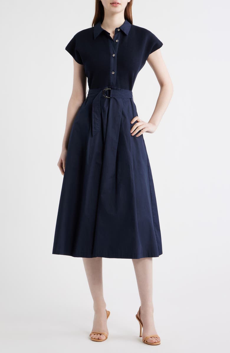 ZOE AND CLAIRE Mixed Media Shirtdress, Main, color, Navy