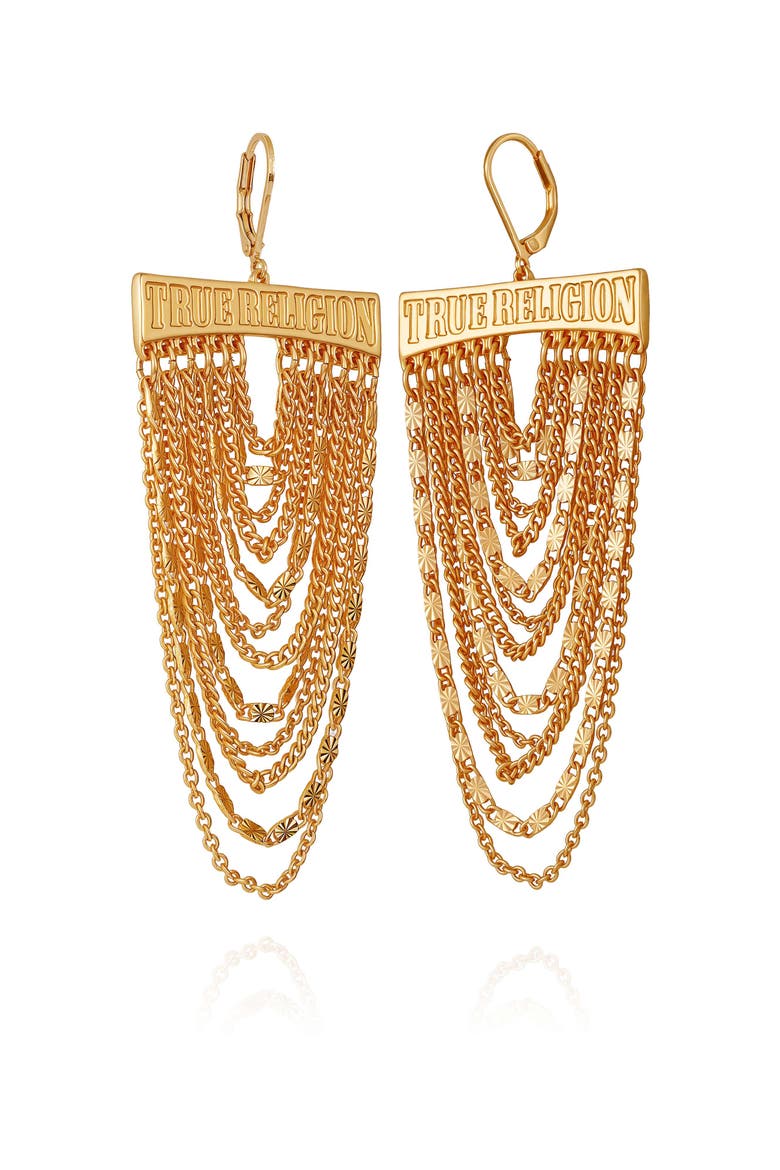 Cascading chain statement earring, Alternate, color, goldtone