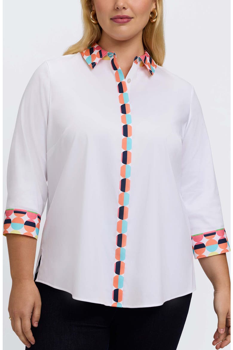 Luna Three-Quarter Sleeve Border Print Button-Up Shirt, Main, color, WHITE MULTI