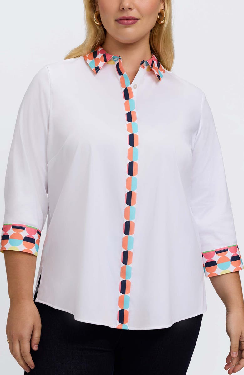 Foxcroft Luna Three-Quarter Sleeve Border Print Button-Up Shirt, Main, color, White Multi