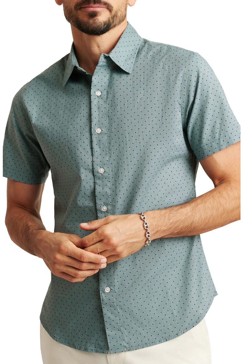 Riviera Slim Fit Dot Stretch Short Sleeve Button-Up Shirt, Main, color, SALT-POND DOT