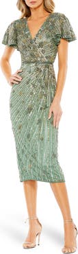Mac Duggal Women's Embellished Faux Wrap Flutter Sleeve Dress