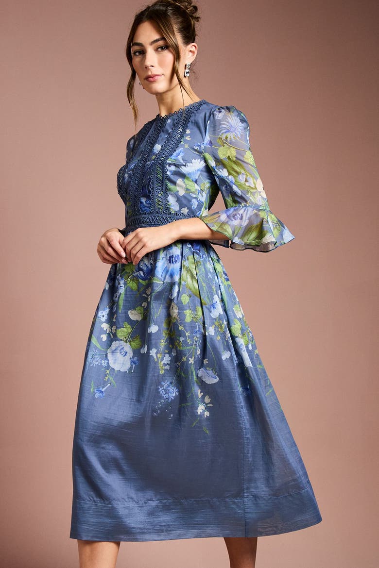 Placement Print Organza Midi Dress, Alternate, color, Blue