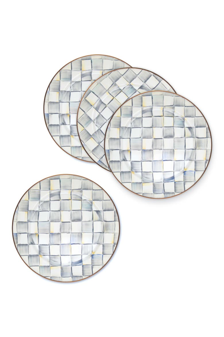 Sterling Check Set of 4 Enameled Steel Charger Plates, Alternate, color, GREY/ WHITE