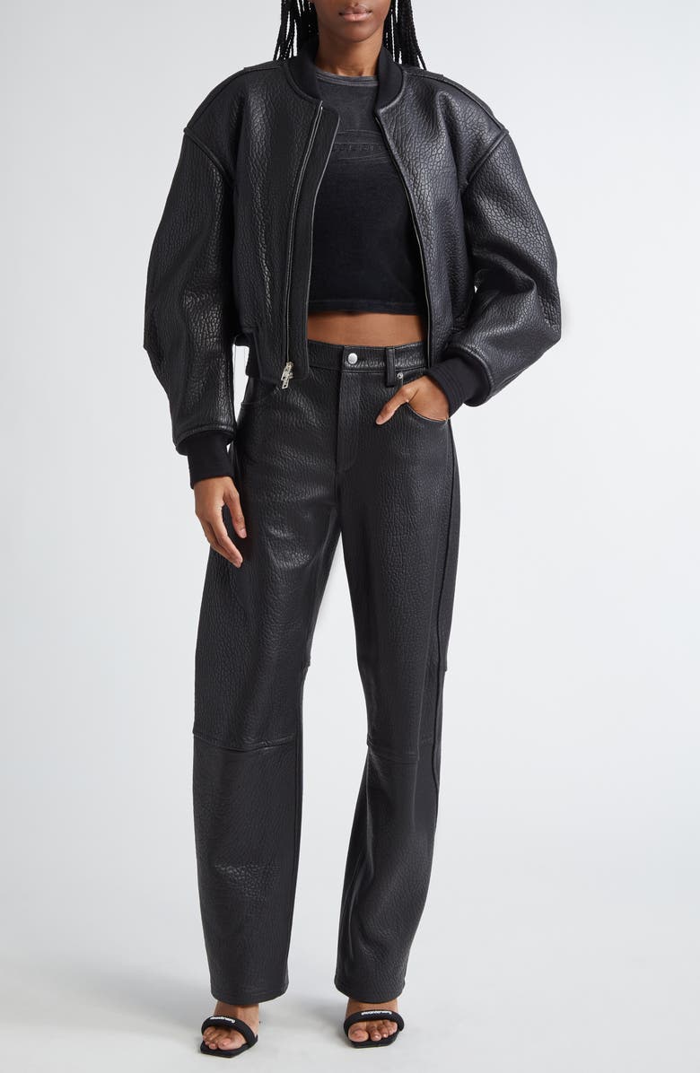 Alexander Wang Primal Lambskin Leather Crop Bomber Jacket, Alternate, color, Black