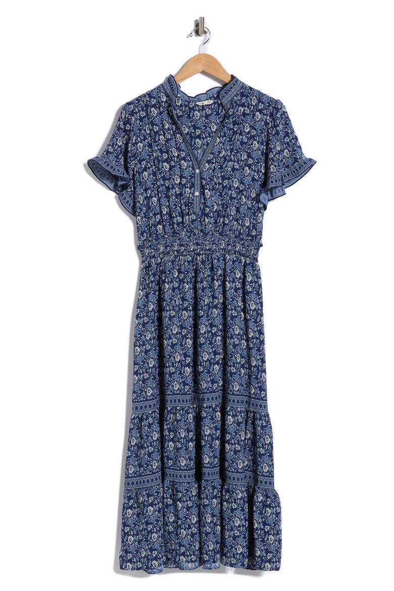 Flutter Sleeve Tiered Maxi Dress, Alternate, color, NAVY