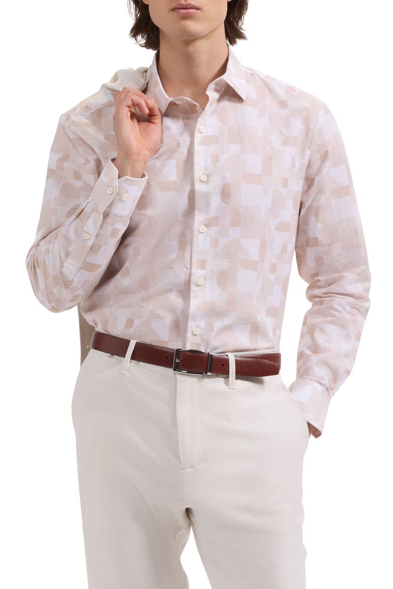 Julian Shaped Fit Abstract Geometric Print Cotton & Linen Button-Up Shirt, Main, color, DESERT