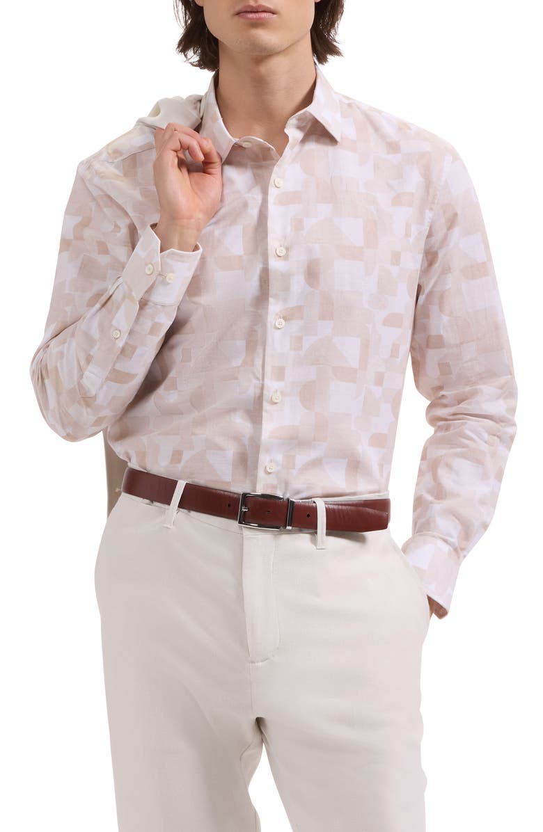 Bugatchi Julian Shaped Fit Abstract Geometric Print Cotton & Linen Button-Up Shirt, Main, color, Desert