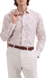 Bugatchi Julian Shaped Fit Abstract Geometric Print Cotton & Linen Button-Up Shirt