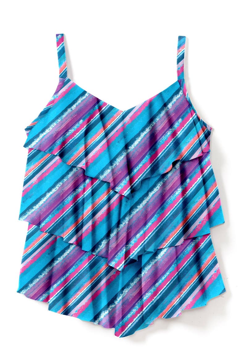 Longer Length V Neck Tiered Ruffle Tummy Control Tankini Top, Alternate, color, TURQ PARADISE STRIPE