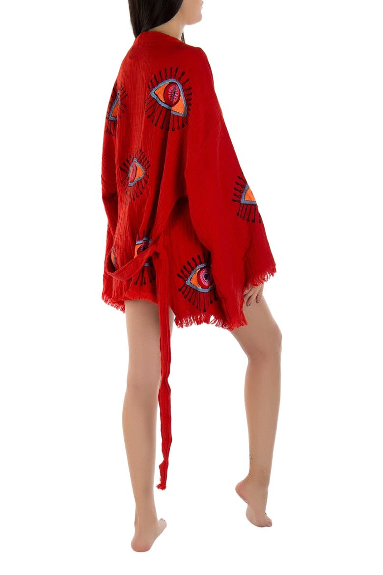 Sereia Evil Eye Handmade Cotton Short Robe Cover-Up, Alternate, color, Red