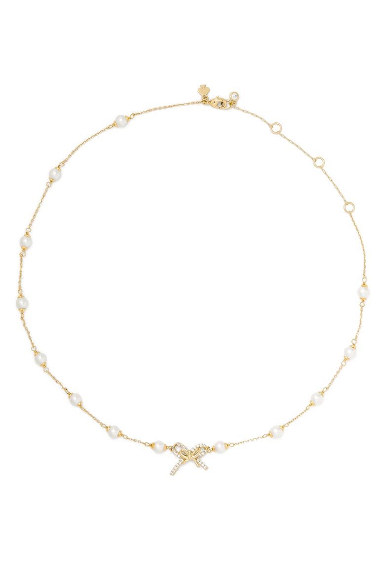 pavé bow faux pearl necklace, Alternate, color, CREAM/ GOLD