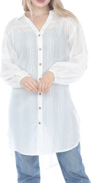 RAIN AND ROSE Striped Slit Longline Button-Up Shirt