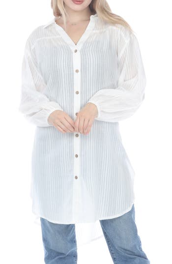 Rain And Rose Striped Slit Longline Button-up Shirt In White