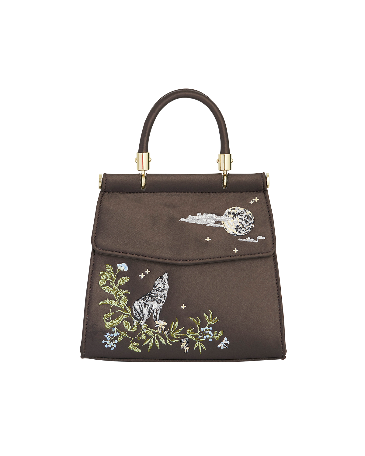 Fable England Wolf & Moon Embroidered Charcoal Satin Tote, Main, color, Grey