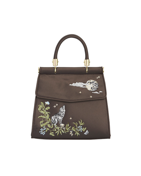 Wolf & Moon Embroidered Charcoal Satin Tote