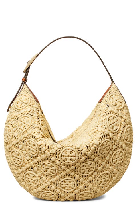 T-Monogram Woven Raffia Straw Shoulder Bag
