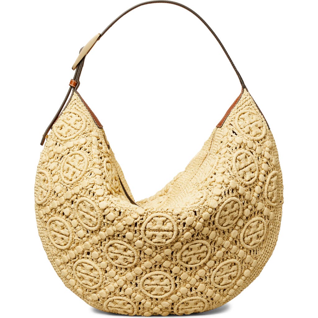 Tory Burch T-monogram Woven Raffia Straw Shoulder Bag In Beige
