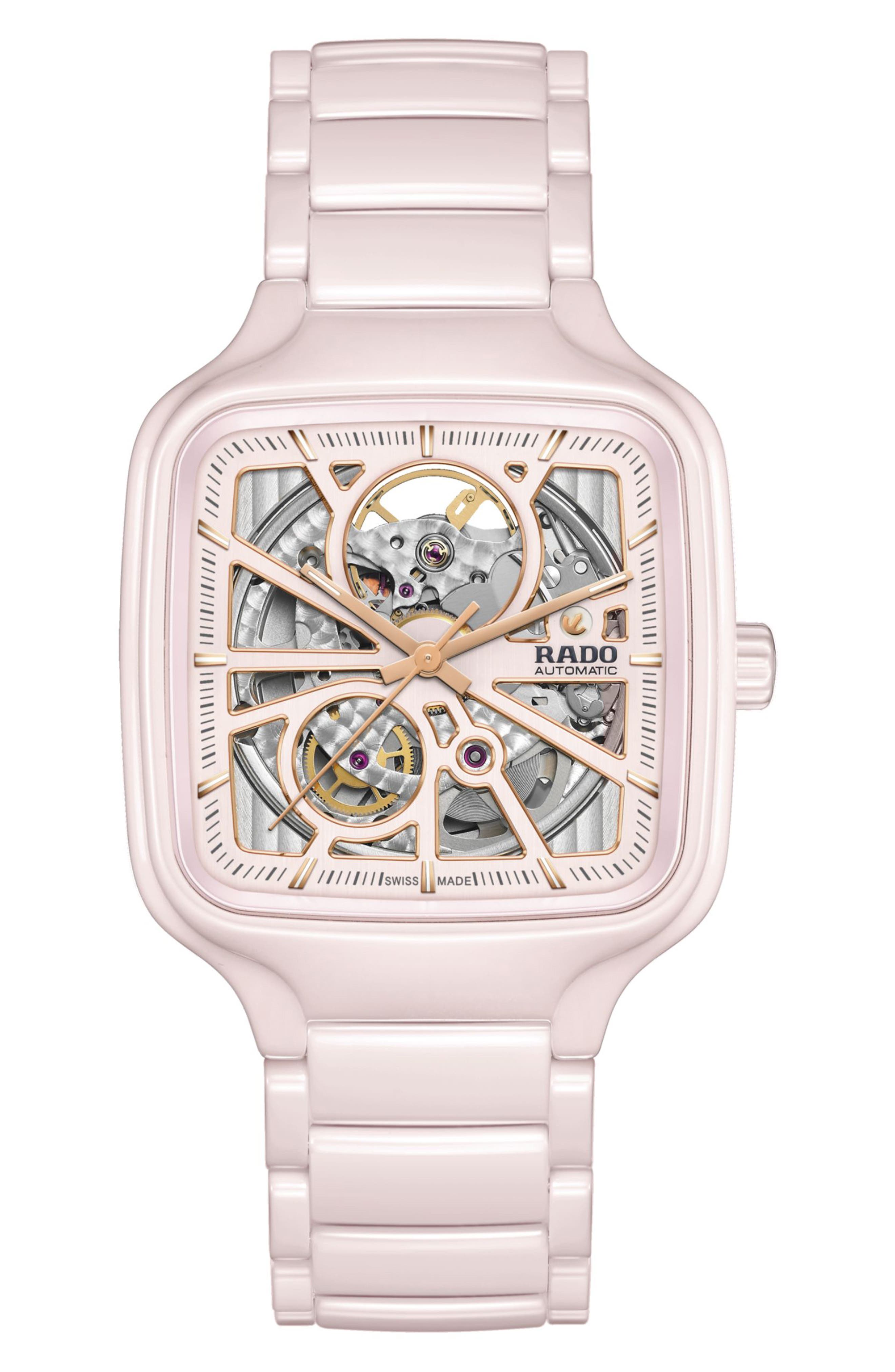 RADO True Square Automatic Open Heart Ceramic Bracelet Watch, 38mm in Pink 