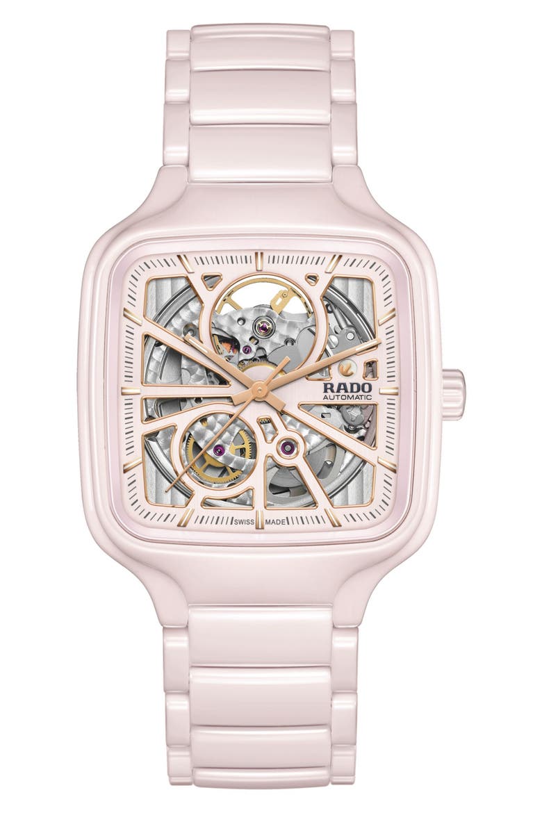 True Square Automatic Open Heart Ceramic Bracelet Watch, 38mm, Main, color, PINK