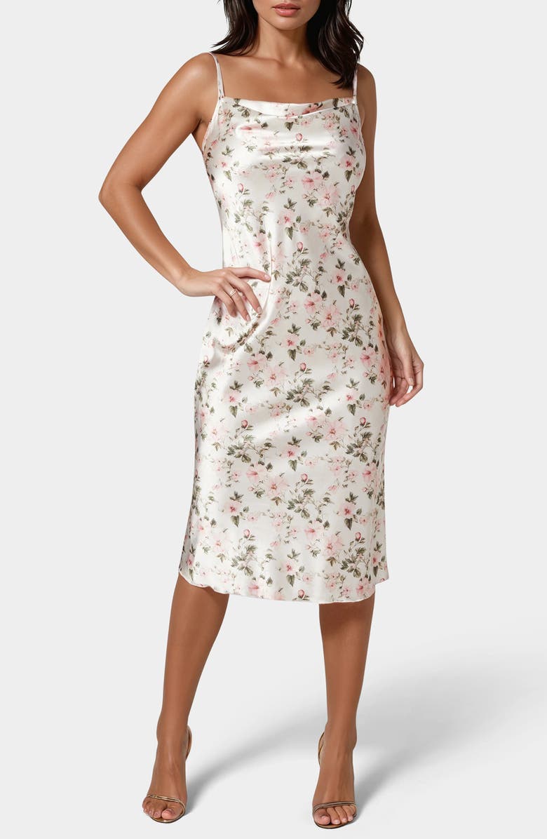 bebe Printed Satin Bias Midi Dress, Main, color, Pink/ White