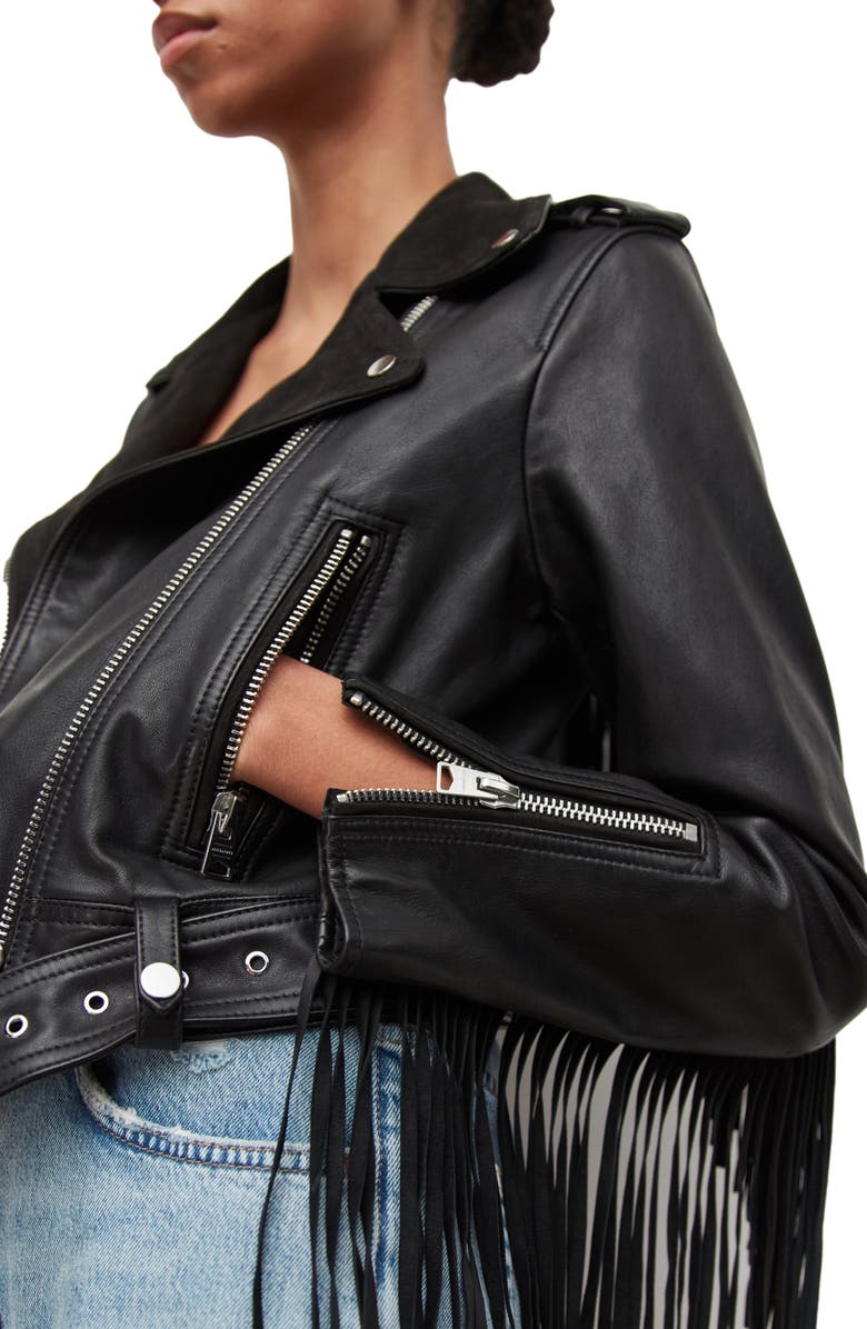 AllSaints Ayra Tassel Leather & Suede Jacket, Alternate, color, 