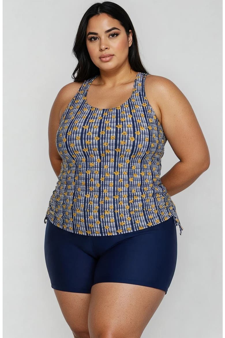Plus Size Maya Tankini Swim Top Removable Cups and Navy Swim Shorts Set, Alternate, color, Sunflower Picnic