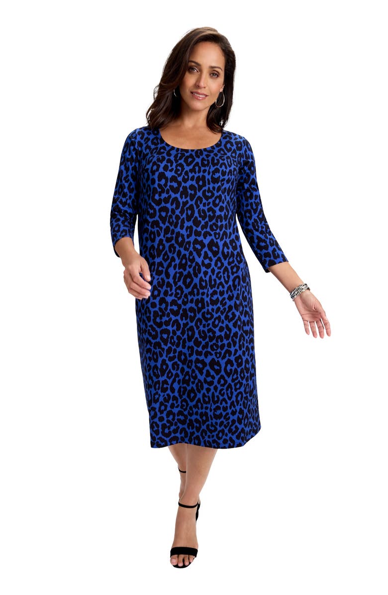 Jessica London Stretch Cotton T-Shirt Dress, Main, color, Dark Sapphire Classic Cheetah