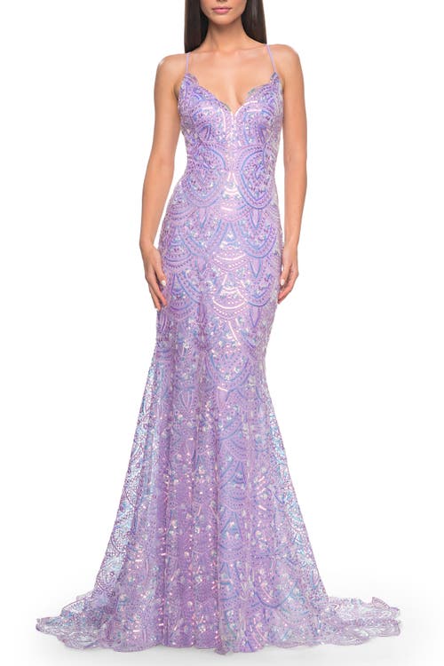 La Femme Print Sequin Mermaid Dress With Lace Up Back